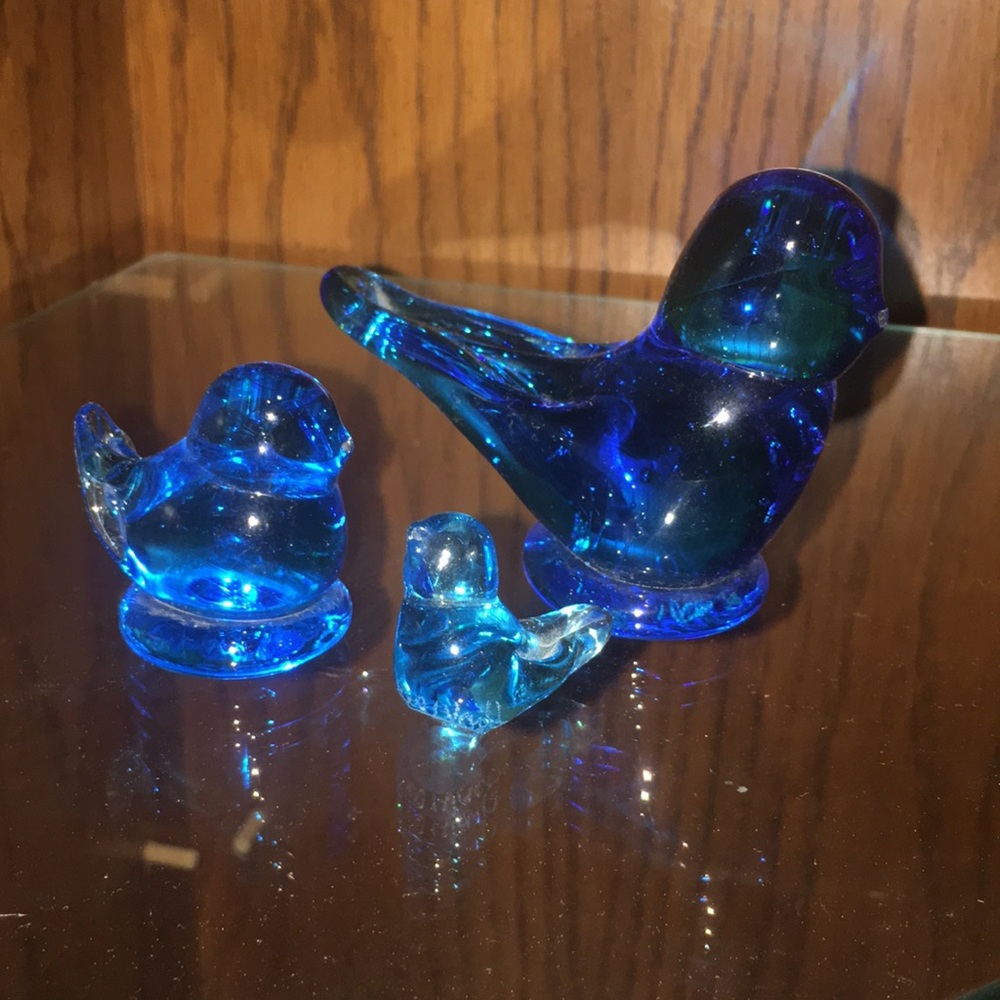 Three Signed Blue Bird of Happiness Glass Birds
